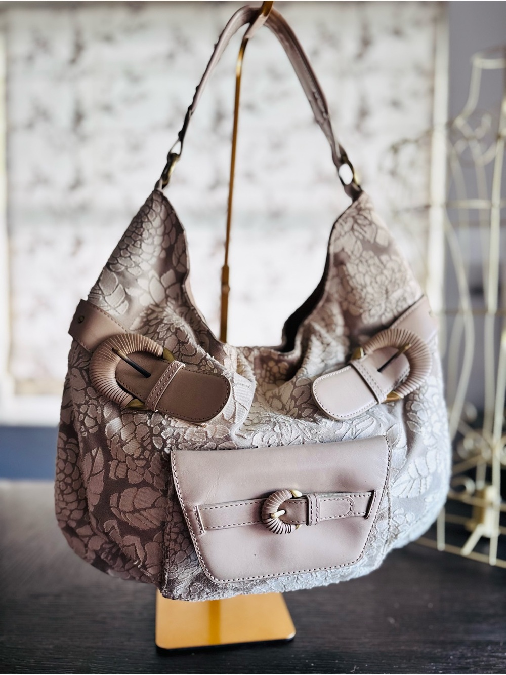 Donald J Pliner Floral Jacquard Hobo Shoulder Bag Taupe Leather Boho